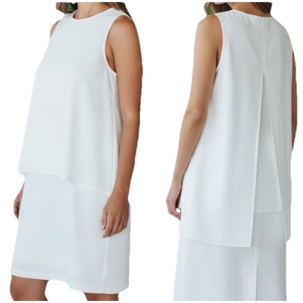 Linen Blend Antonio Melani White Shift Tiered Dress Preppy Cocktail Sz 4 Lined - Picture 2 of 15